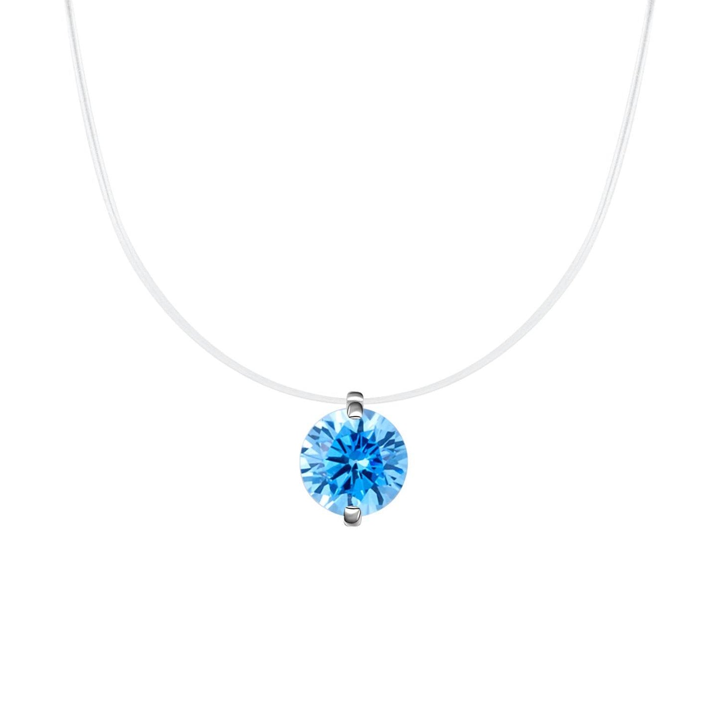 S925 Multicolor Mermaid Tear Floating CZ Necklace, Sterling Silver Invisible Fishing Line 6-8mm Cubic Zirconia Pendant, 40+5cm Adjustable Dainty Minimalist Choker